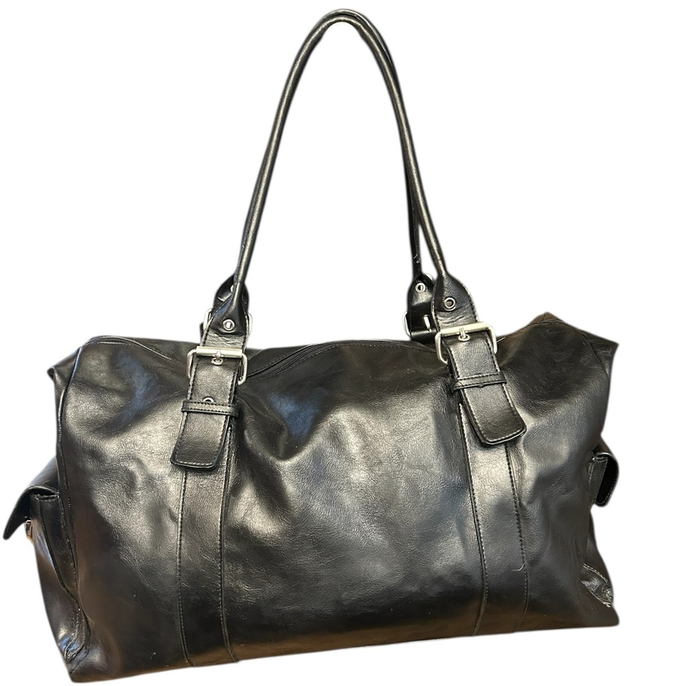Faux Leather Weekender Travel Black Duffle Bag Excellent Clean Condition - Picture 10 of 16